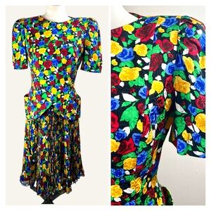 Vintage 80s Raul Blanco Multicolor Floral Silk 2 Piece Dress 4